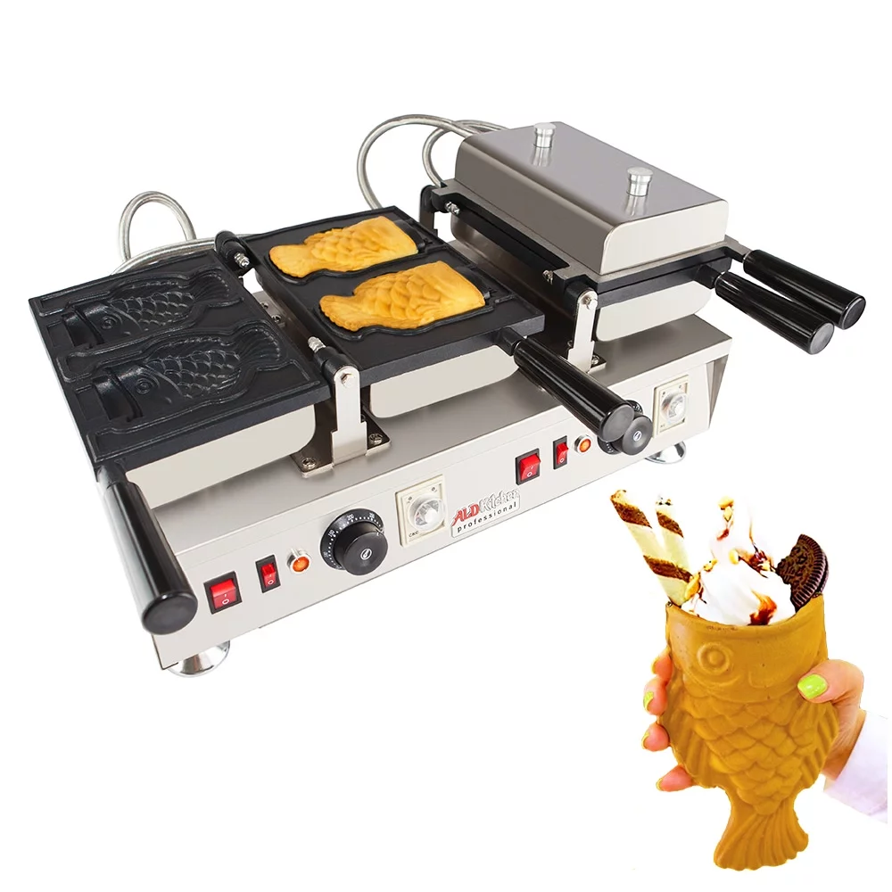 ALDKitchen Taiyaki Maker | Fish Waffle Iron | Stainless Steel Taiyaki Machine with Cast Iron Pan | 4 Open-Mouth Fish Waffles | 110V