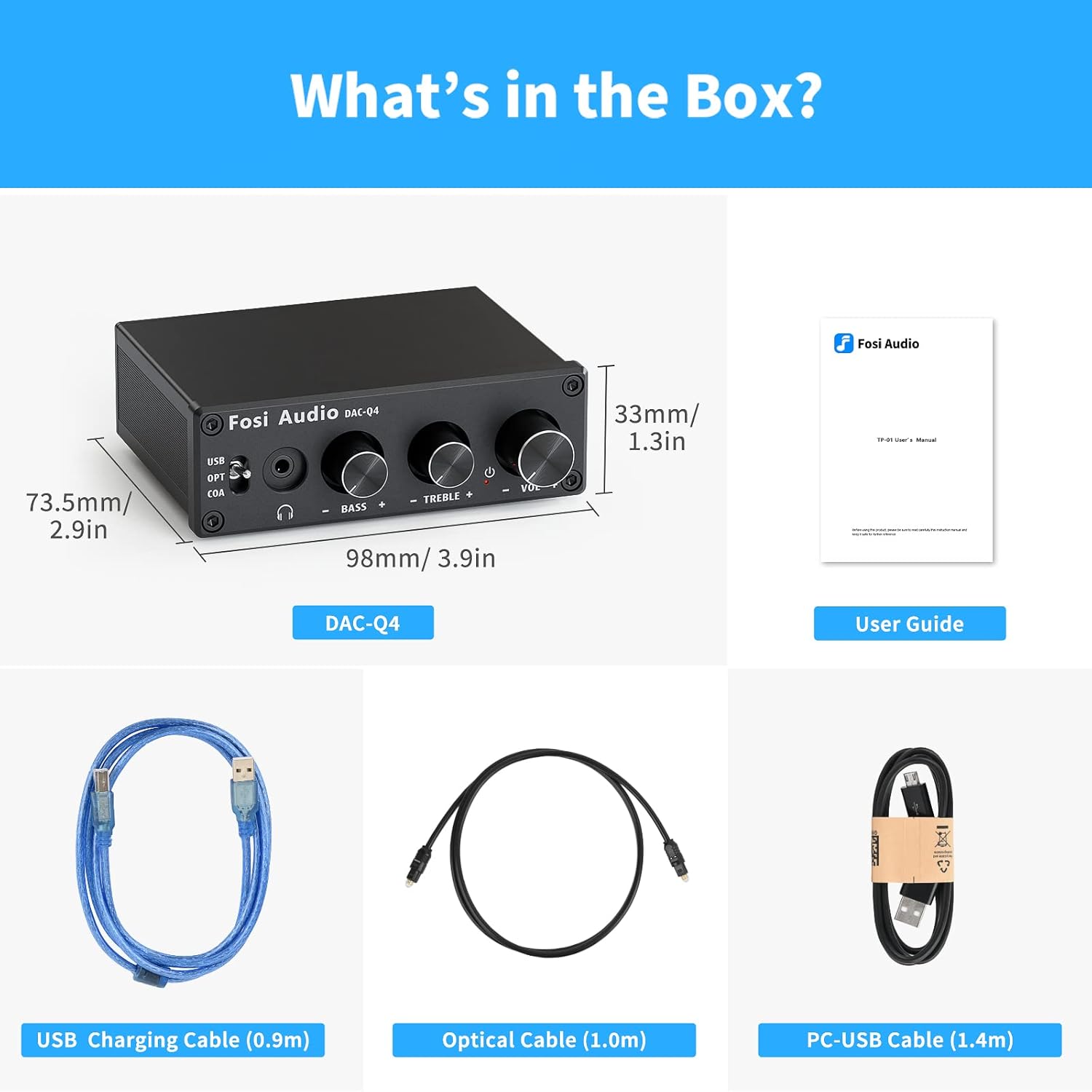 Fosi Audio Q4 Headphone Amplifier Mini Stereo DAC 24-Bit 192 KHz USB Optical Coaxial to RCA AUX Digital-to-Analog Audio Converter Adapter for Home