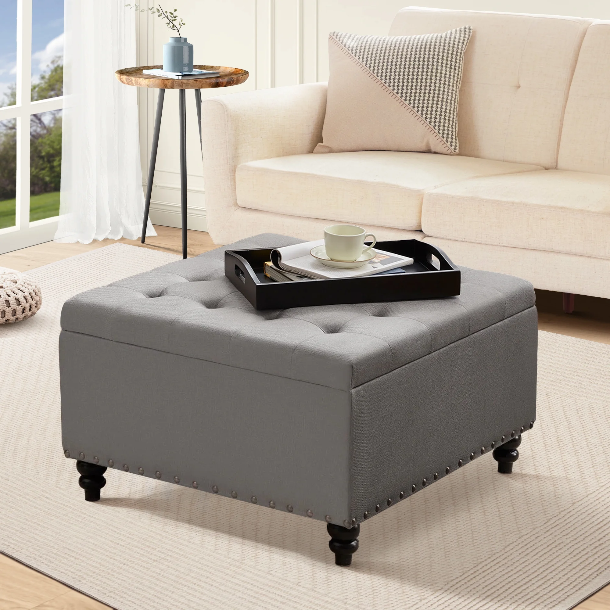 HUIMO 30" Large Square Coffee Table Lift Top Storage Ottoman Bench in Upholstered Tufted Toy Box, For the Living Room, Bedroom (Grey-tray)