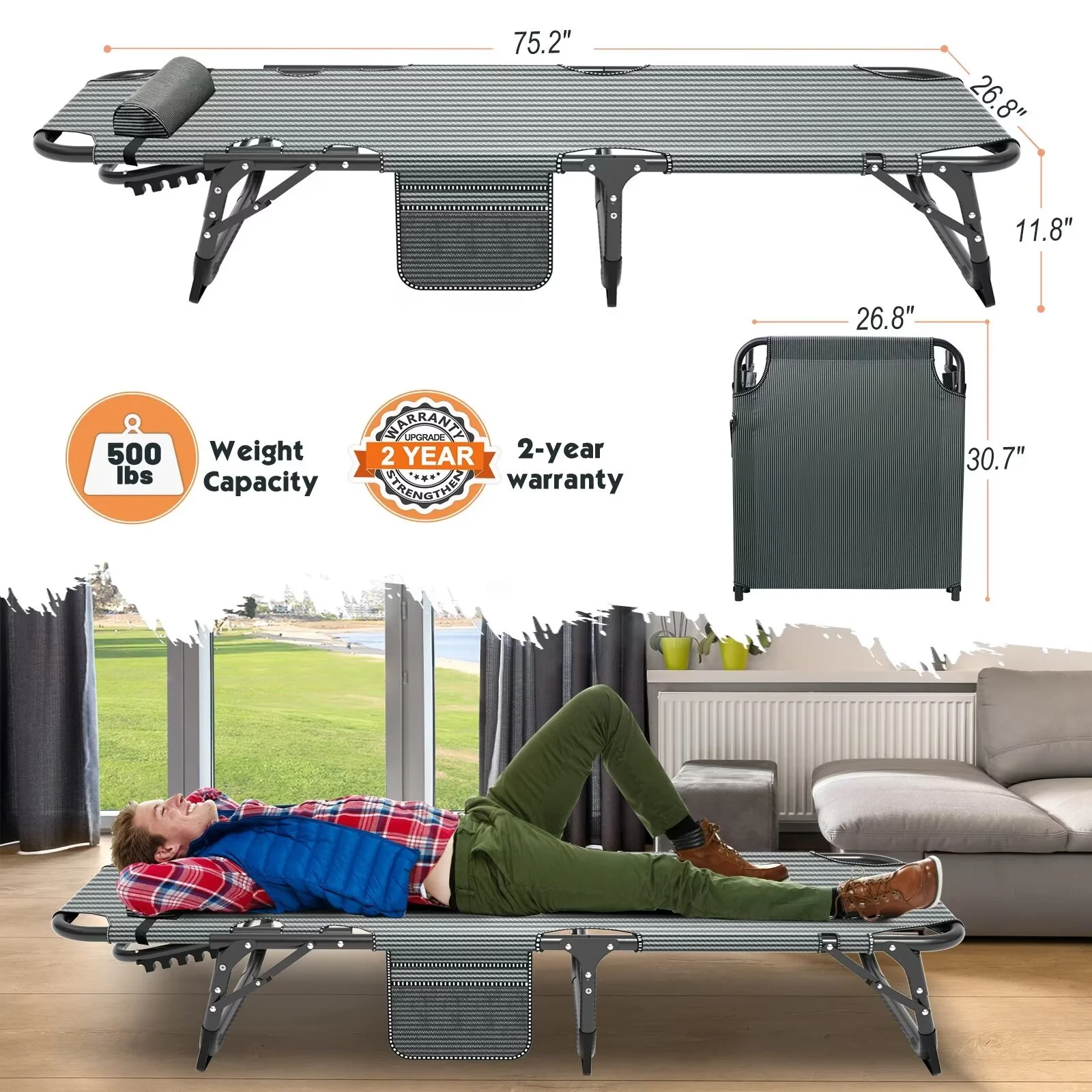 Lilypelle Camping Cot, Adjustable 4-Position Adults Reclining folding Chaise with Pillow, Outdoor portable Lounge Chair Sleeping Cots Bed