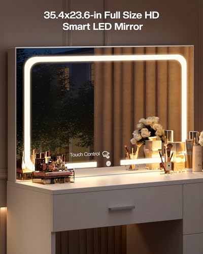 Vanity Desk with LED Mirror, Makeup Vanity with Drawer and Cushion Stool, Dressing Table for Bedrrom, White