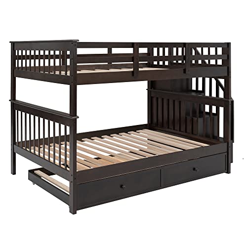 Harper & Bright Designs Twin Over Twin Bunk Bed with Stairs and Trundle, Solid Wood Stairway Bunk Bed Frame with Storage