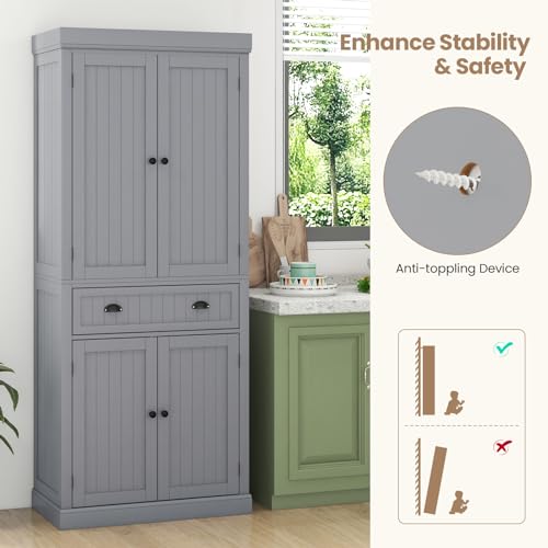 Tangkula 72" H Kitchen Pantry Cupboard Cabinet, Traditional Freestanding Large Tall Storage Cabinet with 2 Cabinets and Drawer, Adjustable Shelves