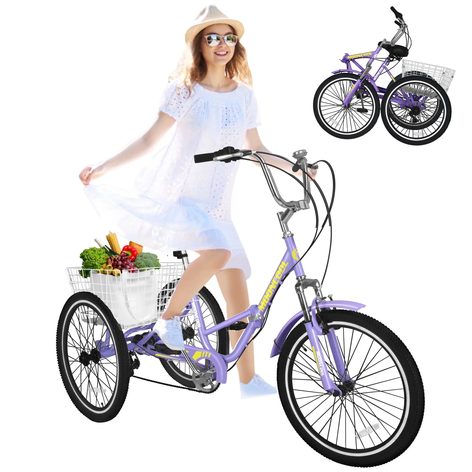 MOONCOOL Adult Folding Tricycle for Adults, 7 Speed 20/24/26 inch 3 Wheels Bikes with Basket, Foldable Tricycle for Adults, Women, Men, Seniors