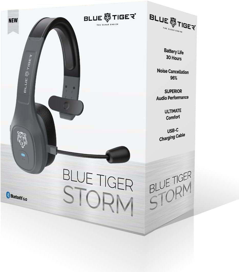 Blue Tiger Storm Wireless Bluetooth Headset – Truckers’ Professional Headset - Noise Cancellation Bluetooth 5.0 Head Set – 30 Hours Talk Time