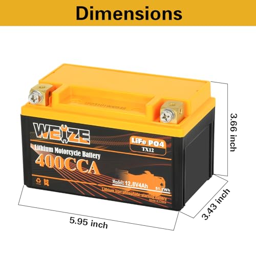 Weize Lithium YTX30L-BS, 700A Lithium LiFePO4 YTX30L Motorcycle Battery, 12V 10AH ATV, UTV, Jet Ski, Scooter, Lawn Mower, Tractor, Generator Battery