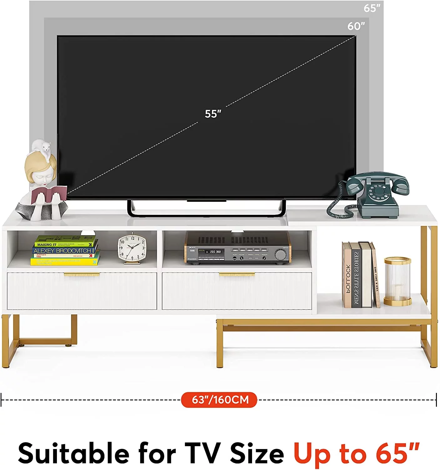 63" Wide TV Stand for TVs up to 65 55 inches, White and Gold Television Stands Entertainment Centers with 2 Drawers and Open Shelves