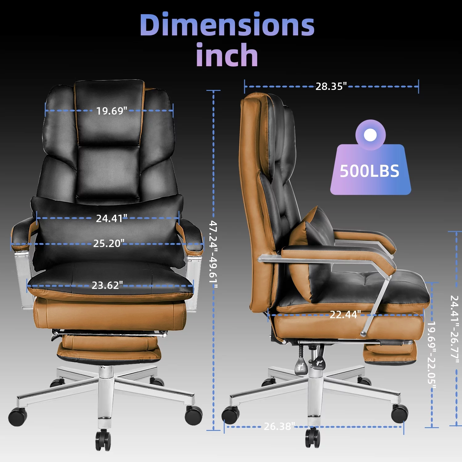 HomeZeer Big and Tall Office Chair 500 lbs, PU Leather Executive Chair Heavy Duty Desk Chairs Ergonomic Reclining Office Chair with Footrest, Black
