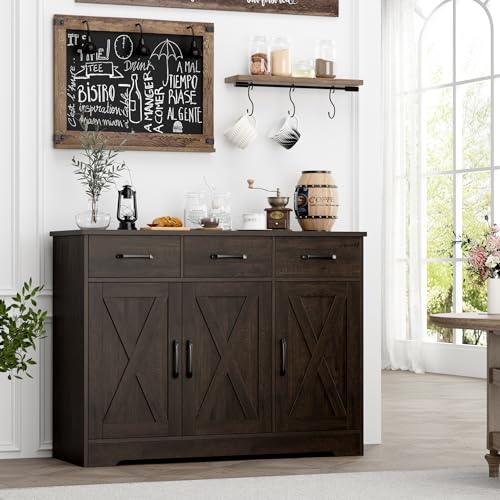HOSTACK Modern Farmhouse Sideboard Buffet Cabinet, Barn Doors Buffet Storage Cabinet with Drawers and Shelves