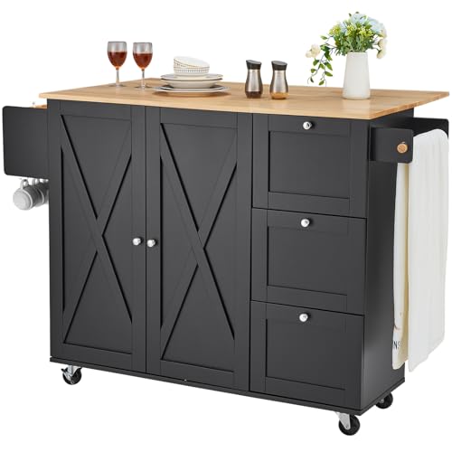 VEVOR Kitchen Island Cart with Solid Wood Top, 35.4" Width Mobile Carts with Storage Cabinet, Rolling Kitchen Table with Spice Rack, Towel Rack