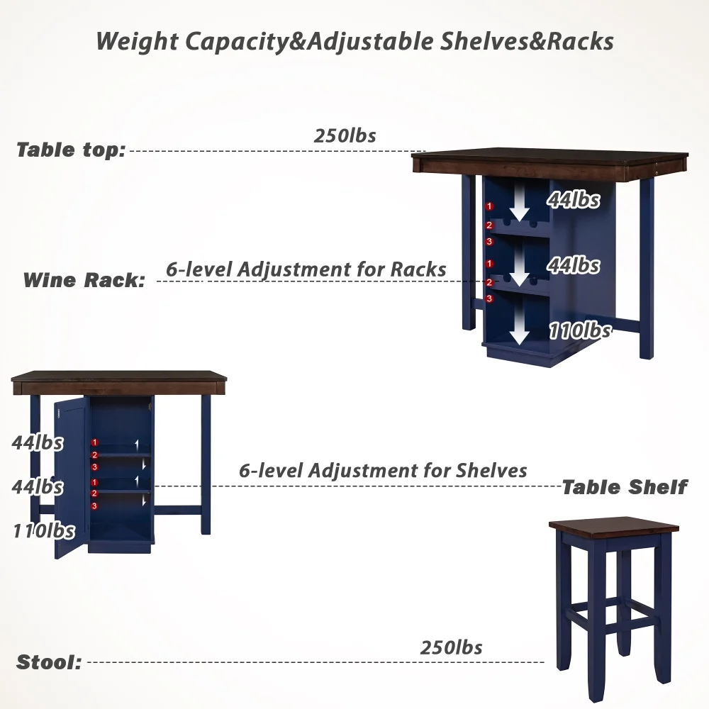 Farmhouse 5-Piece Counter Height Dining Sets, 4 Stools, Square Wood Table with 3-Tier Adjustable Storage Shelves and Wine Racks for Small Spaces