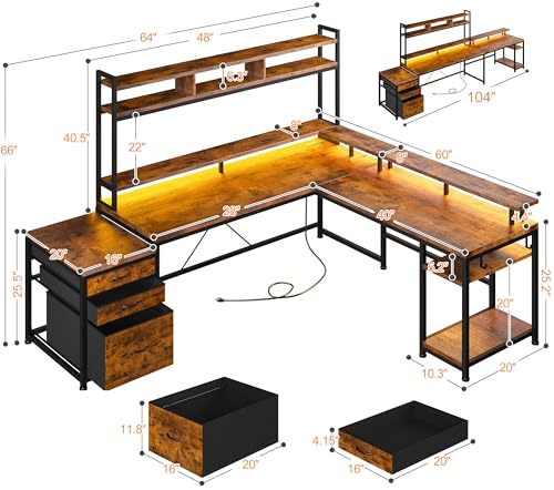 EnHomee Large L Shaped Gaming Desk with Hutch and Drawers, 64" W Reversible Computer Desk with Storage Shelves