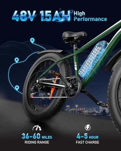 EB26 Electric Bike for Adults Peak 1500W Electric Bicycle 48V 15AH (720WH) Battery Electric Bike 26" Fat Tire Mountain 28mph 7 Speed Gears Ebike