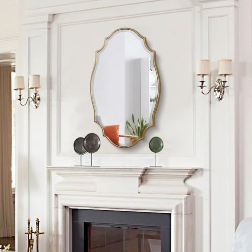 Scalloped Oval Wall Mirror, 24“X36” Gold Bathroom Vanity Mirror, Ornate Decorative Mirror for Living Room, Washroom, Bedroom