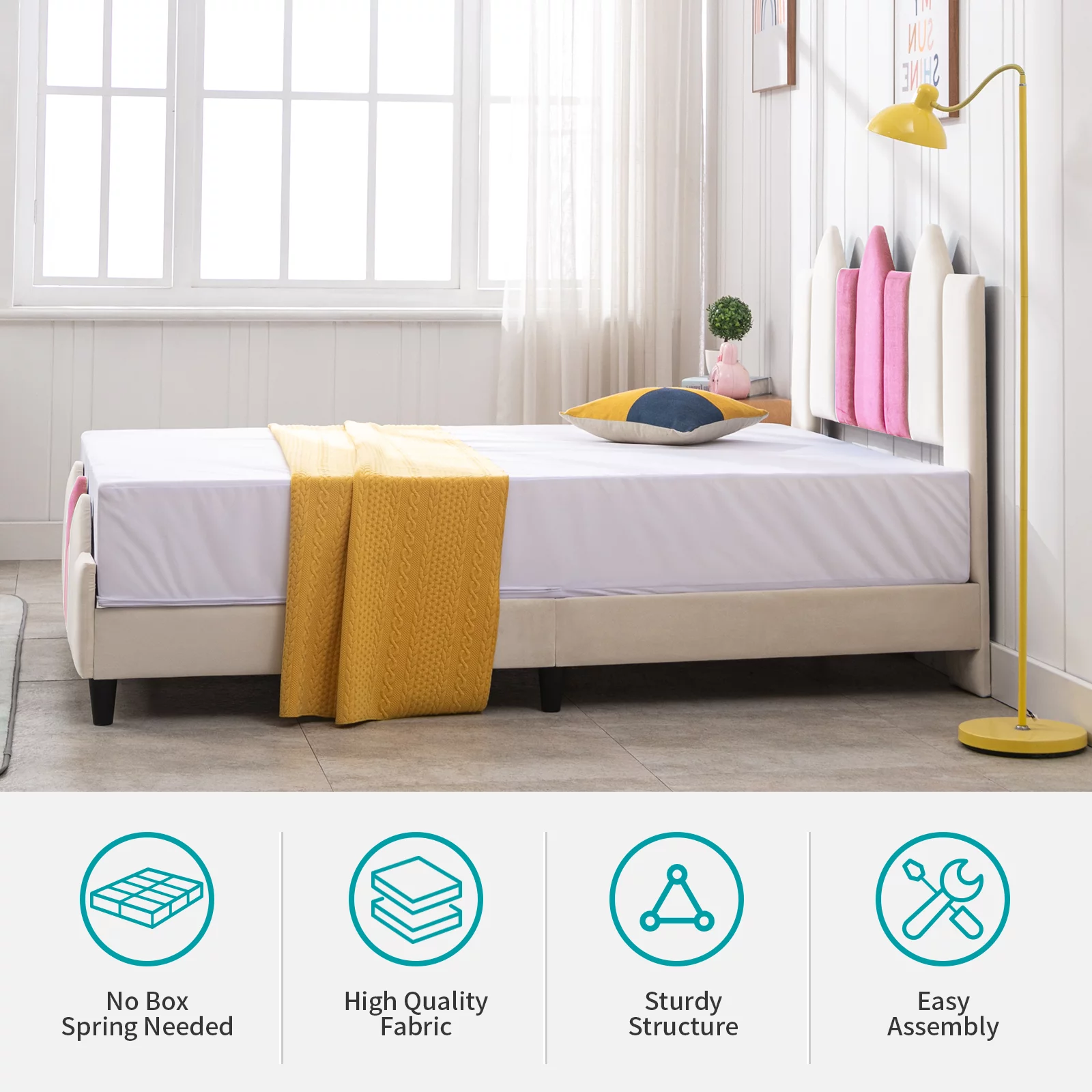 BALUS Full Bed Frames for Kids, Wood Upholstered Bed Platform with Headboard, Children Bedroom Kids Bed, No Box Spring Needed, Easy Assembly