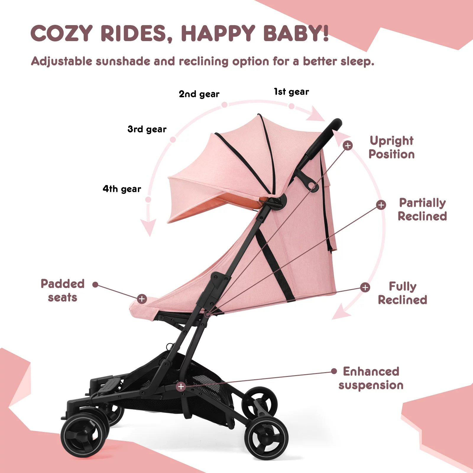 HARPPA Lightweight Travel Stroller, Compact Umbrella Stroller for Babies, Easy Folding, Pink