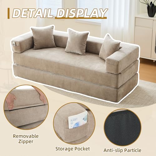 Convertible Sleeper Sofa Bed with Cylindrical Pillow, Corduroy Folding Mattress Couch with Fixed-Shape Frame