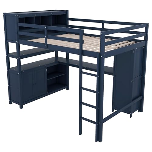 SOFTSEA Full Size Loft Bed with L Shaped Desk, Wood Loft Bed with Wardrobe, Storage Cabinet and Shelves