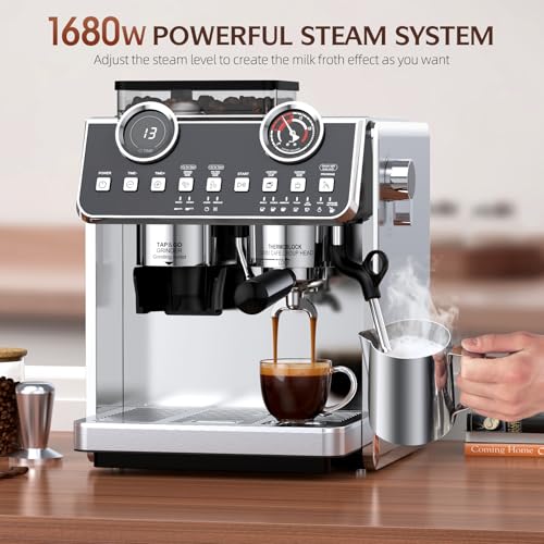Espresso Machine with Grinder, 20 Bar Pressure Professional Espresso Maker with 30 Grinding Settings, 58mm Portafilte