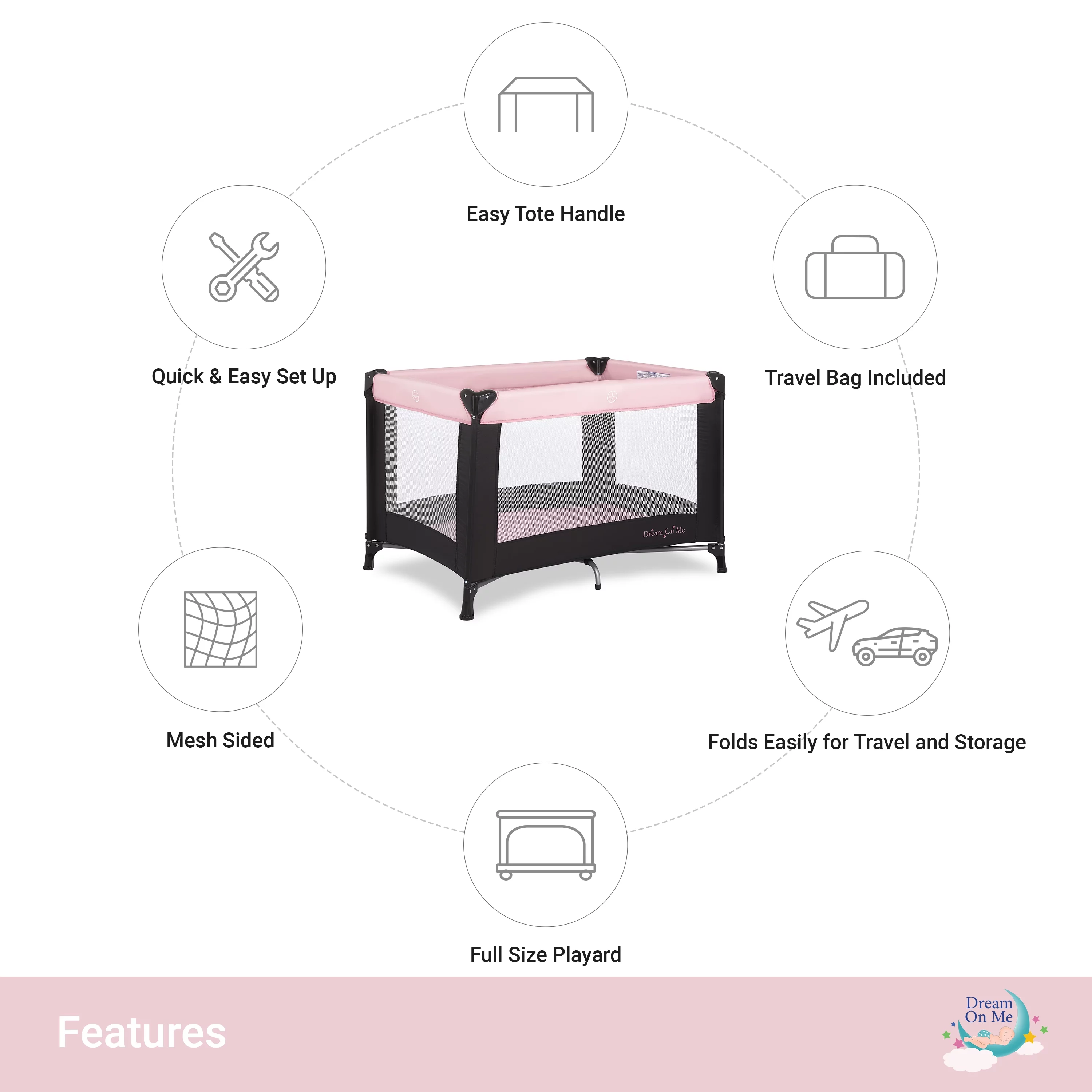 Dream On Me Nest Portable Play Yard with Carry Bag and Shoulder Strap, Pink