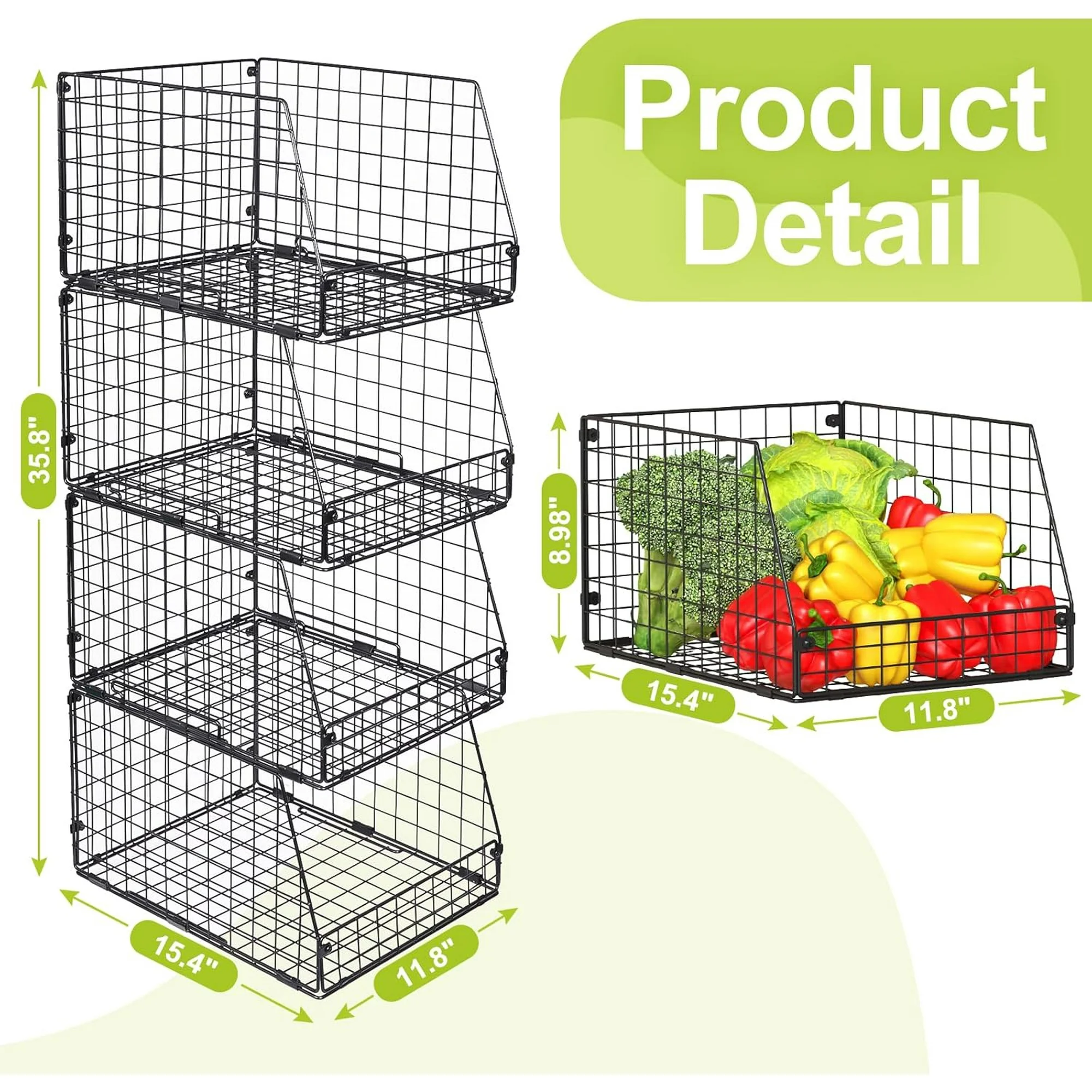 4 Pack XXL Stackable Wire Storage Basket, Extra Large Capacity Pantry Organizer and Storage, Muti-Purpose for Fruit Vegetable Basket &amp