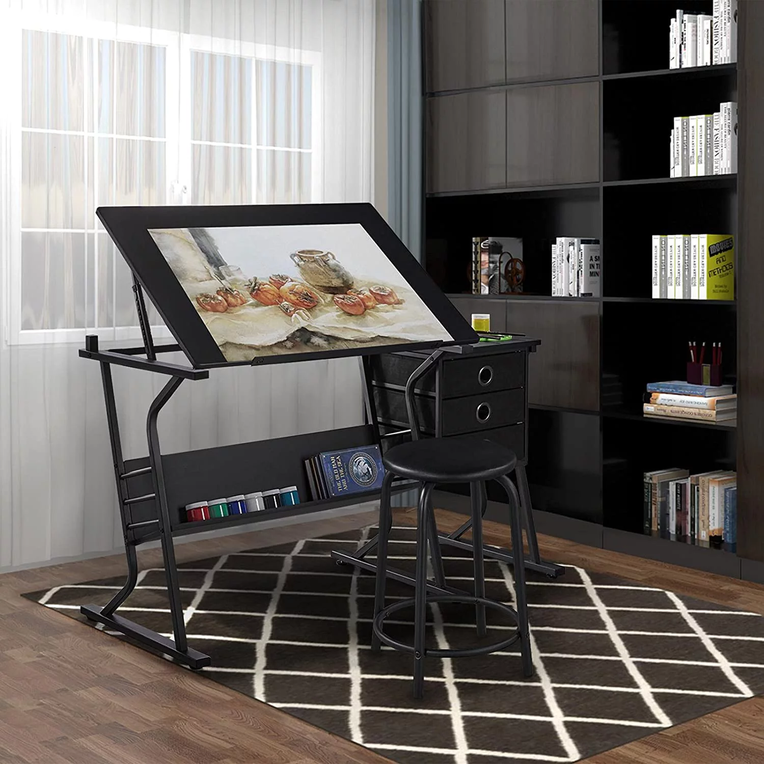 Drafting Table for Adults/Artists, Drawing Desk, Tabletop Adjustable Art/Craft Desk with Stool and 3 Slide Drawers