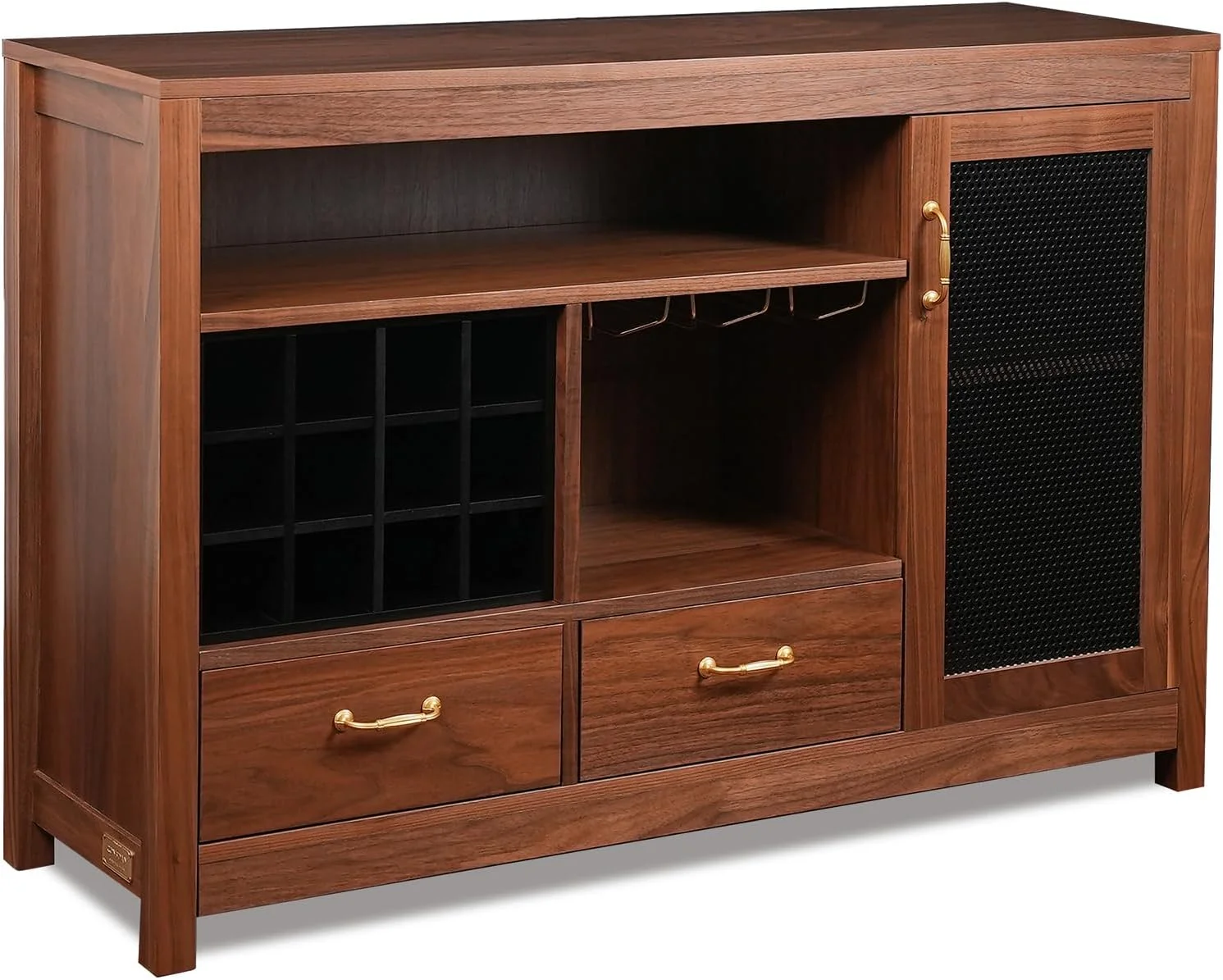 CONSDAN Bar Cabinet with Storage and Large Drawer, Solid Walnut Hardwood Structure Sideboard, Buffet Cabinet with Wine and Glass Rack