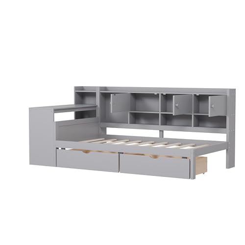 Corner Twin Bed Frame with Bookcase Storage and Desk, Wood Day Beds with 2 Drawers, Twin Size Daybed with Storage for Living Room