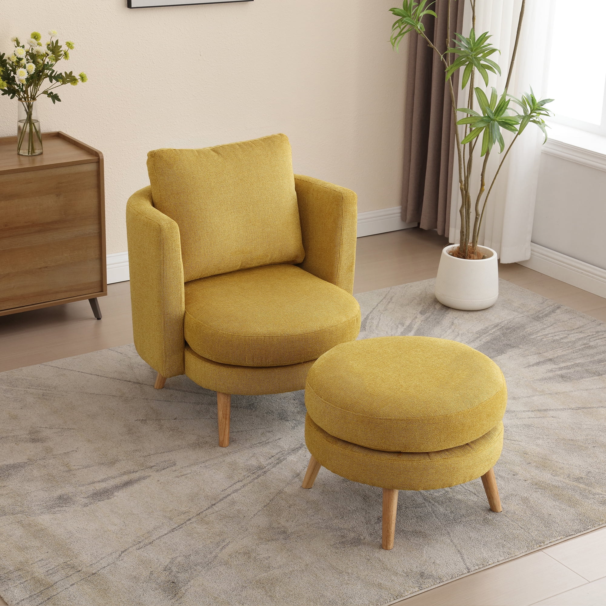 30.7" Wide Accent Chair with Ottoman Armchair Upholstered Reading Chair Single Sofa with Wooden Leg and Throw Pillow for Living Room Bedroom Dorm