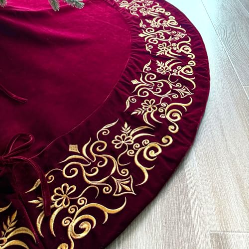 72-Inch Victorian Velvet Christmas Tree Skirt with Gold Damask Embroidery and Plush Lace Ties, Burgundy