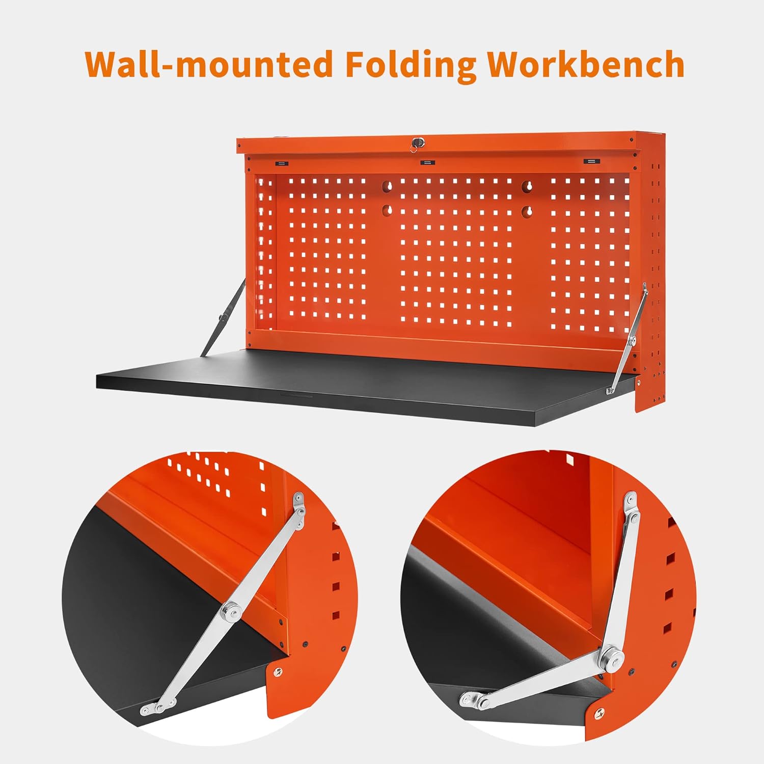MCombo Metal Wall Mounted Workbench for Garage, Folding Worktable with Pegboards