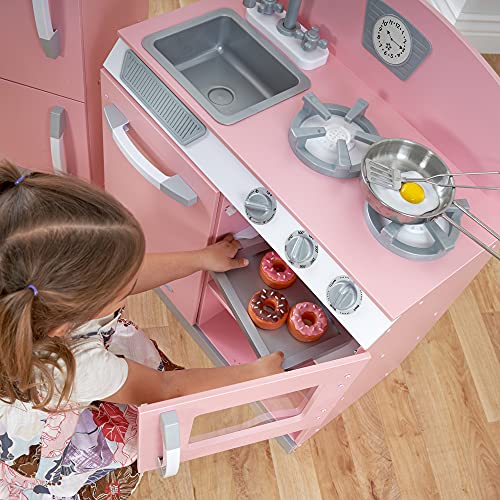 KidKraft Retro Wooden Play Kitchen and Refrigerator 2-Piece Set with Faucet, Sink, Burners and Working Knobs, Pink, Gift for Ages 3+