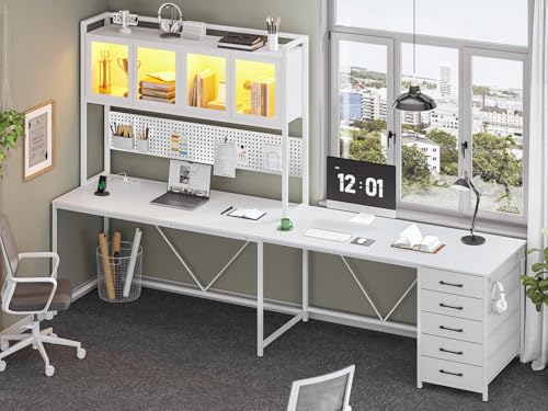 SEDETA L Shaped Gaming Desk with Drawers, L Shaped Computer Desk with Hutch and Storage Shelves, Gaming Desk with Pegboard, Led Lights
