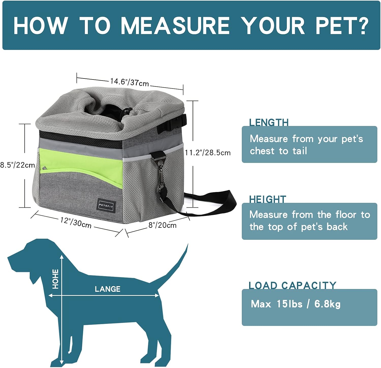 Petsfit Dog Bike Basket, Dog Booster Car Seat, Dog Car Seat for Small Dogs/Cats/Puppies with Safety Rope/Reflective Strips/Two side storage pockets