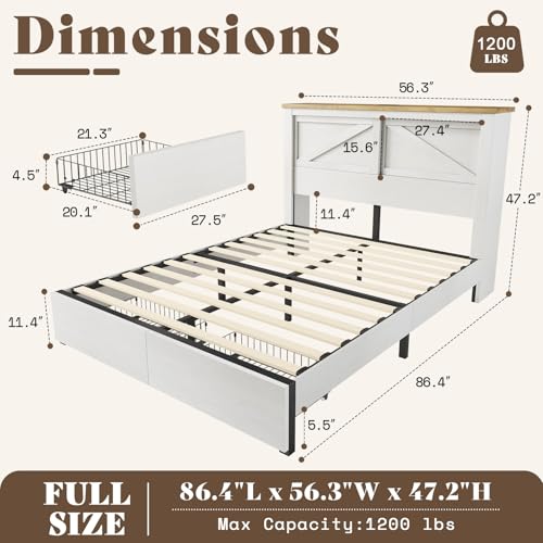 AMERLIFE 47.2" H King Bed Frame with Hidden Space Bookcase Headboard and Charging Station, Beds with 2 Storage Drawers and Wood Slats