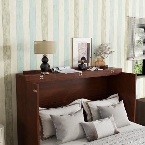 KEIKI Queen Size Cabinet Murphy Bed with Charging Station and Drawer, Multiple Storage Foldable Hideaway Wall Murphy Bed Frame with Solid Slat
