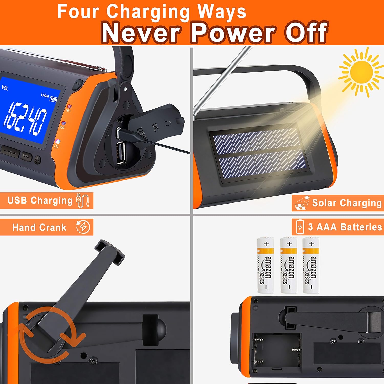 Emergency Weather Crank Radio 4000mAh - Portable, Solar Powered, Hand Crank, AM/FM/NOAA Weather Alert Radio, Aux Music Play, USB Cell Phone Charger