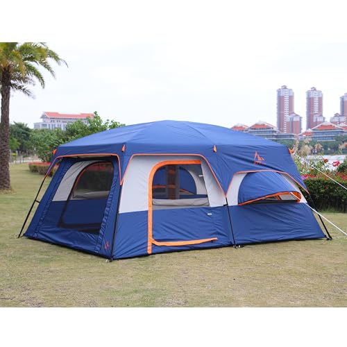 KTT Extra Large Tent 10-12-14 Person(B),Family Cabin Tents,2 Rooms,3 Doors and 3 Windows with Mesh,Straight Wall,Waterproof,Double Layer