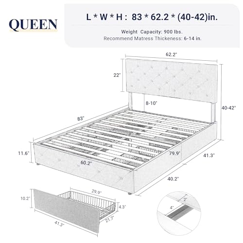 Allewie Upholstered Queen Size Platform Bed Frame with 4 Storage Drawers and Headboard, Square Stitched Button Tufted