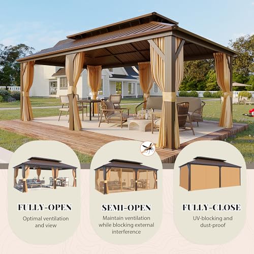 YOLENY 10' x 12' Hardtop Gazebo, Metal Gazebo with Aluminum Frame, Double Galvanized Steel Roof, Curtains and Netting Included