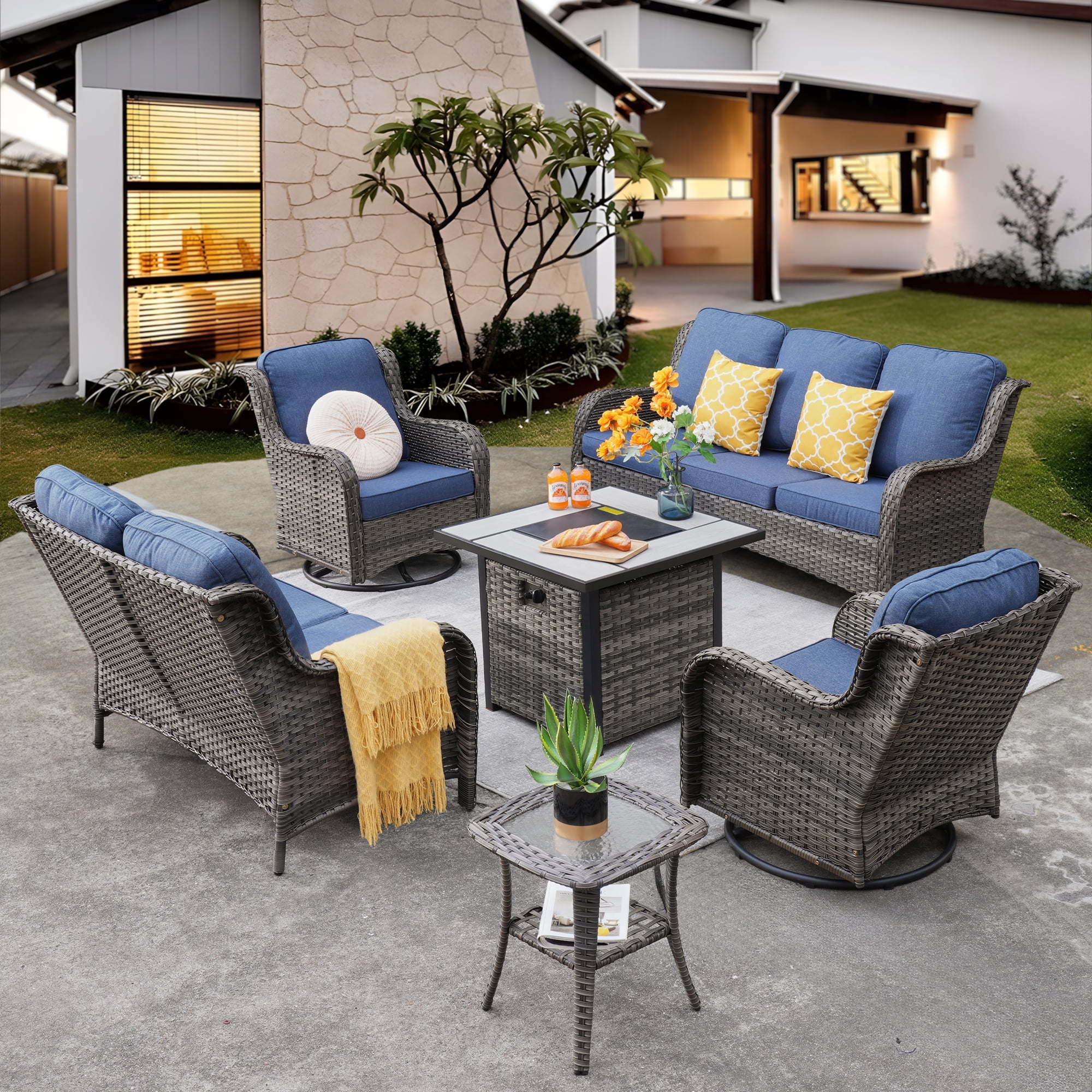Ovios 6 Pieces Outdoor Patio Furniture with Fire Pit Table Wicker Patio Sectional Sofa with Swivel Chairs for Backyard