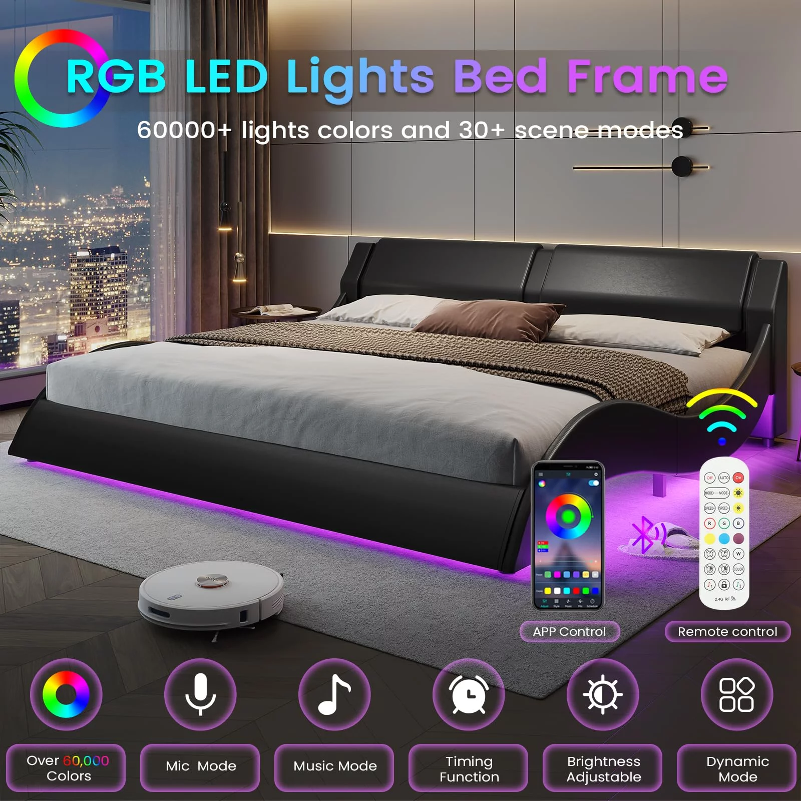 King Size Bed Frame with Headboard,Faux Leather Low Profile Platform Bed Frame with RGB LED Lights,Wave Like Curve King Bed,Black