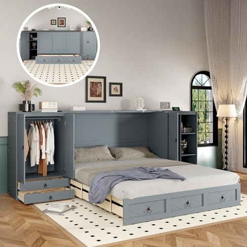 Queen Size Murphy Bed Wall Bed, Solid Pine Murphy Bed Chest Cube Cabinet Bed with USB, Charging Station