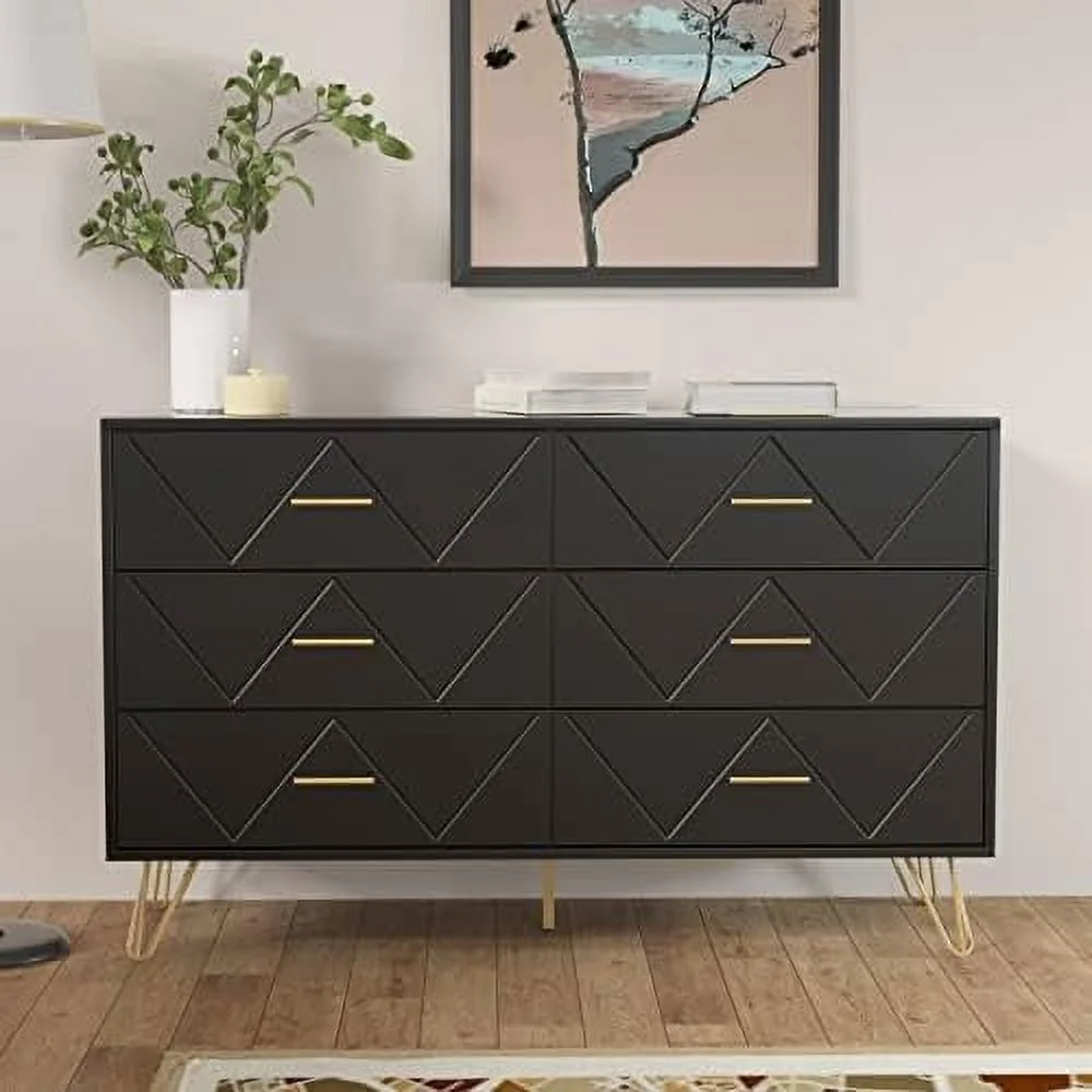 HOOMHIBIU Dresser for Bedroom  6 Drawer Dresser with Sturdy Frame  Wood Rustic Chest for Living Room  Office  Closet (Black)