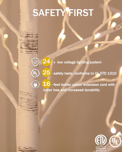 Lighted Birch Tree Set 4ft, 6ft and 8ft with Warm White LED Lights for Holiday Decor - Realistic Design, UL Certified, Dimmable, Waterproof