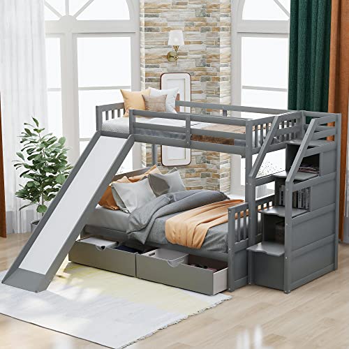 Twin over Full Bunk Bed - Wooden Bunk Bed with Storage Staircase, Drawers and Slide, Multifunction Heavy Duty Bed Frame with Safety High Guardrail