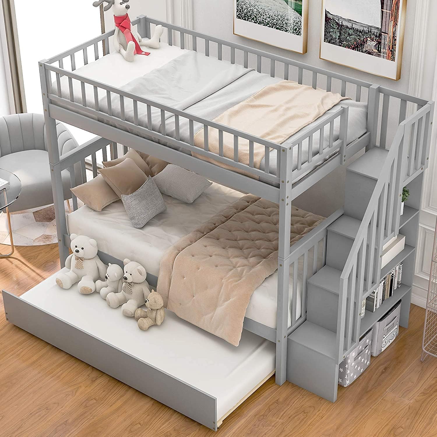 COODENKEY Twin Over Full Bunk Bed with Safety Guardrails & Ladder,Can be Separated,No Box Spring Needed, Perfect for Kids Bedroom, 78.7×55.9×62.3