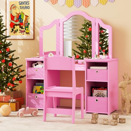 Costzon Kids Vanity, 2 in 1 Princess Makeup Desk Dressing Table with Detachable Top, Toddler Vanity with Tri-fold Mirror & Storage Shelves