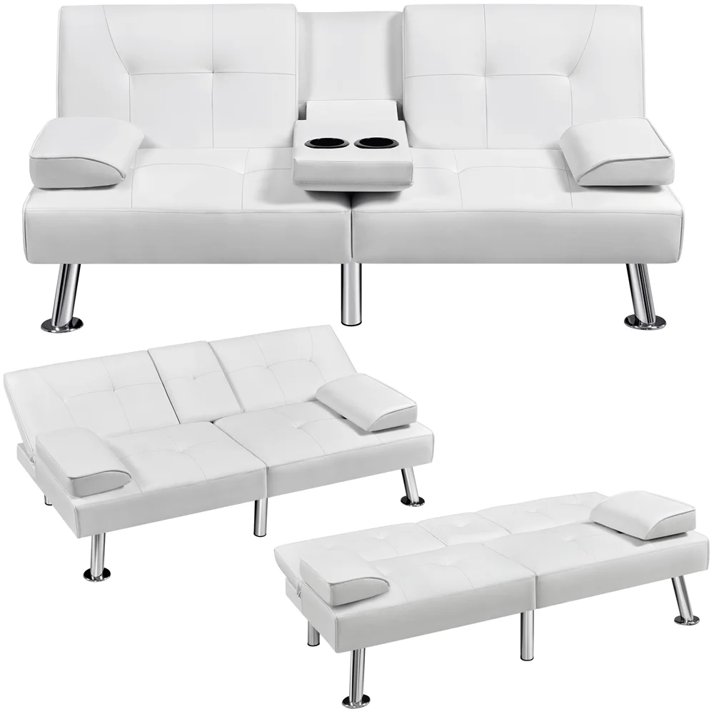 Easyfashion Modern Faux Leather Futon Sofa Bed Convertible Folding Couch with Cup Holders,White