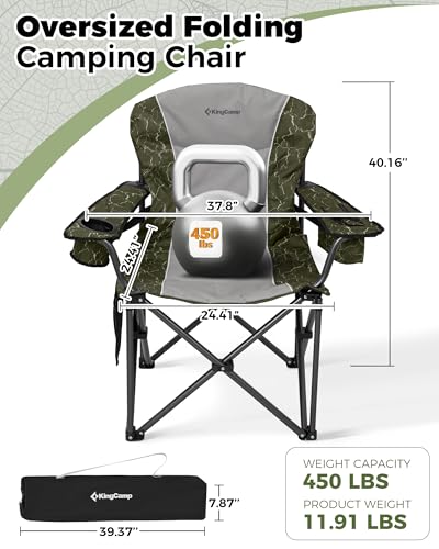 KingCamp Oversized Camping Folding Chair, Heavy Duty 450 LBS with Lumbar Support, Padded Outdoor Chair with Cup Holder